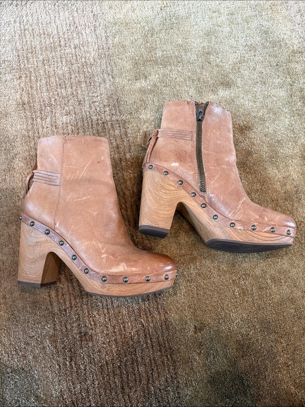 Women's Kork-Ease Tan Leather Studded Clog Booties - Zipper Ankle Boots